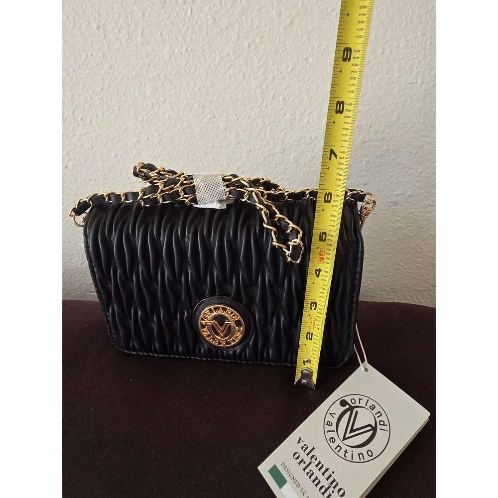 Valentino Orlandi Black Ruched Quilted Crossbody Bag Gold Chain Strap V-NWBC